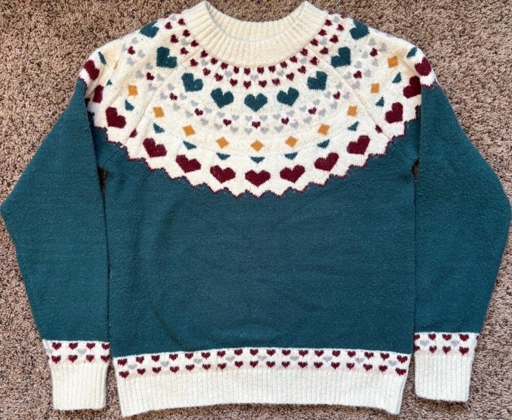 Callahan Knitwear Teal Fair Isle Sweater Size XS Violet Heart Print
